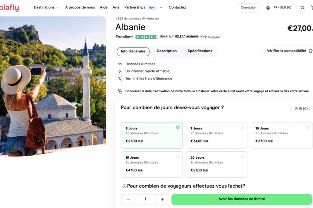 Une capture d'écran du magasin Holafly montrant le forfait Internet Albanie