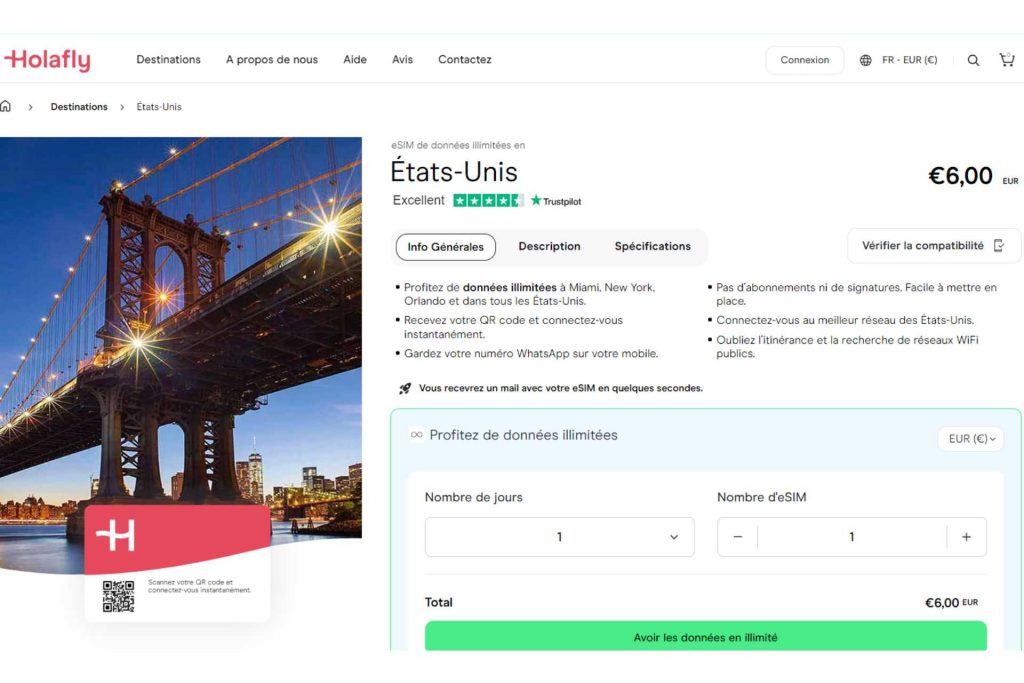 Une capture d'écran du magasin Holafly montrant le forfait Internet USA