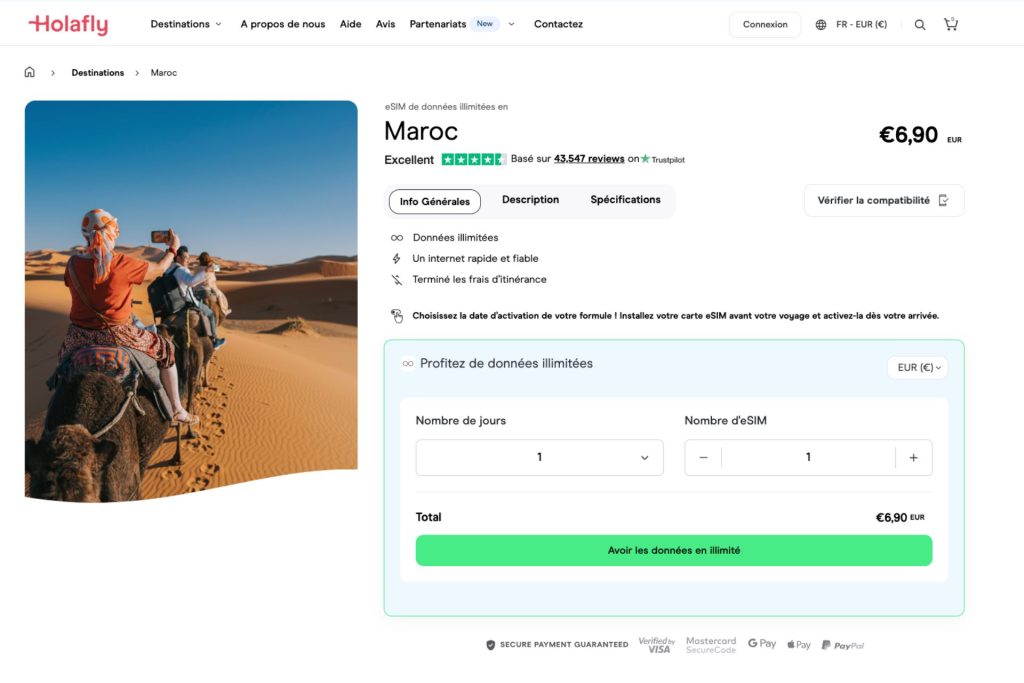 Une capture d'écran du magasin Holafly montrant le forfait Internet Maroc