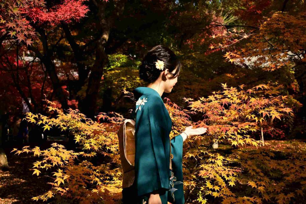 Donna che indossa un kimono tradizionale verde in un giardino a Osaka in Giappone.