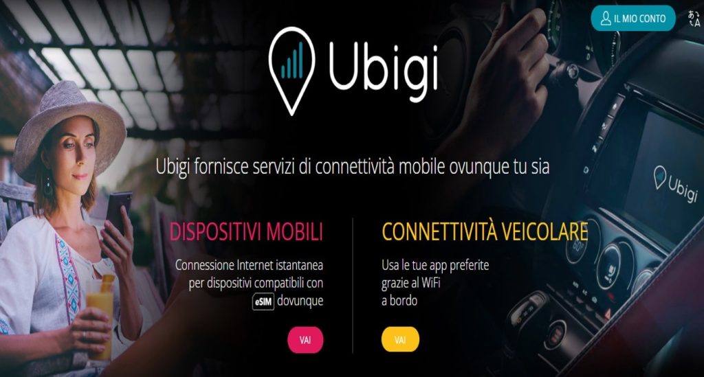 Homepage di Ubigi che offre la connessione eSIM per i telefoni cellulari e la connessione a bordo dei veicoli. 