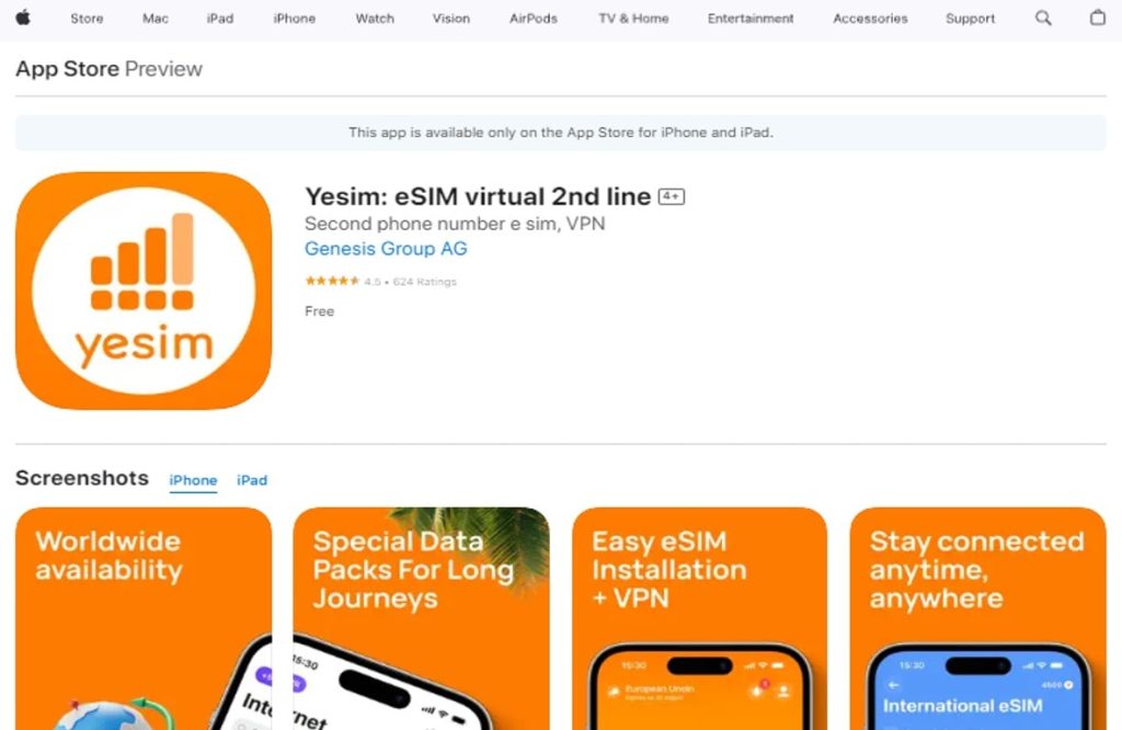 L'applicazione Yesim su App Store