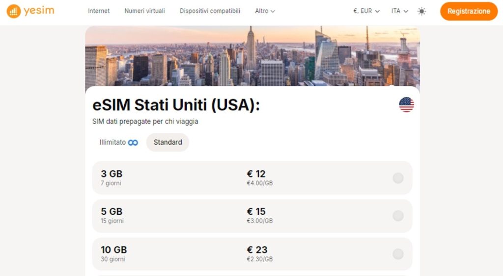 Opzioni di dati eSIM standard per gli Stati Uniti sul sito web di Yesim