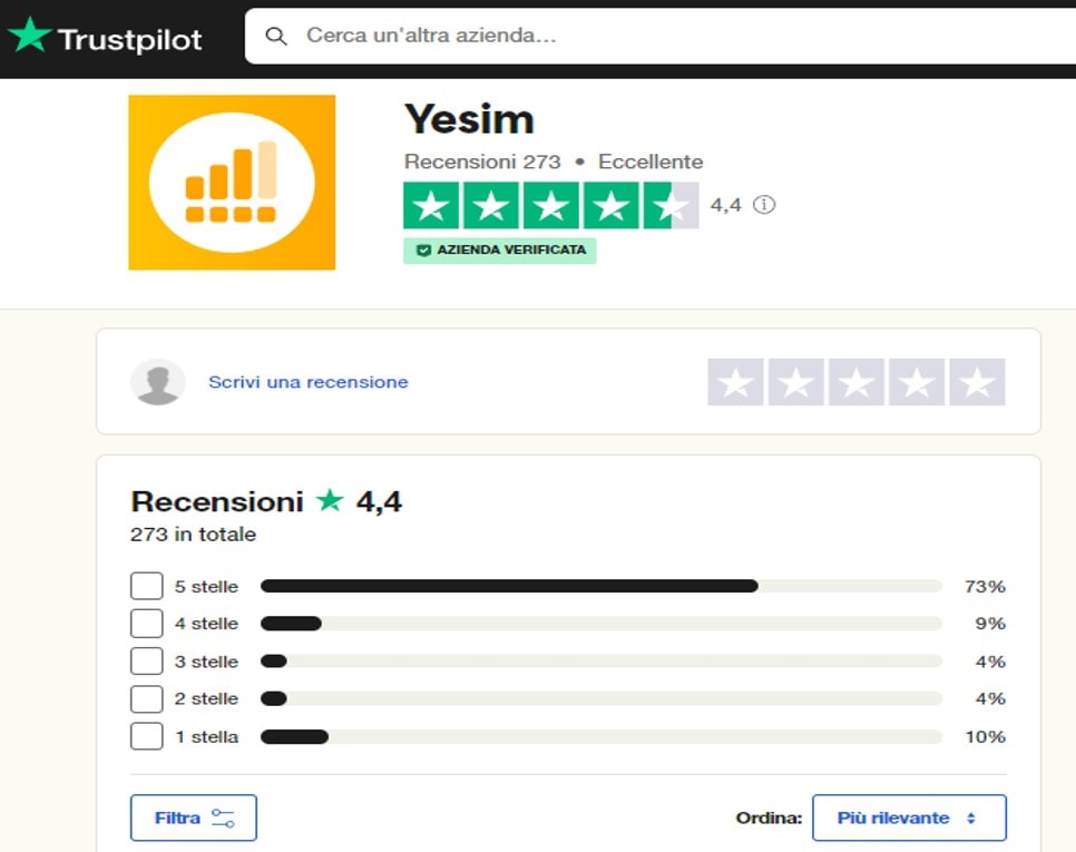 Valutazioni e recensioni dell'azienda Yesim su Trustpilot