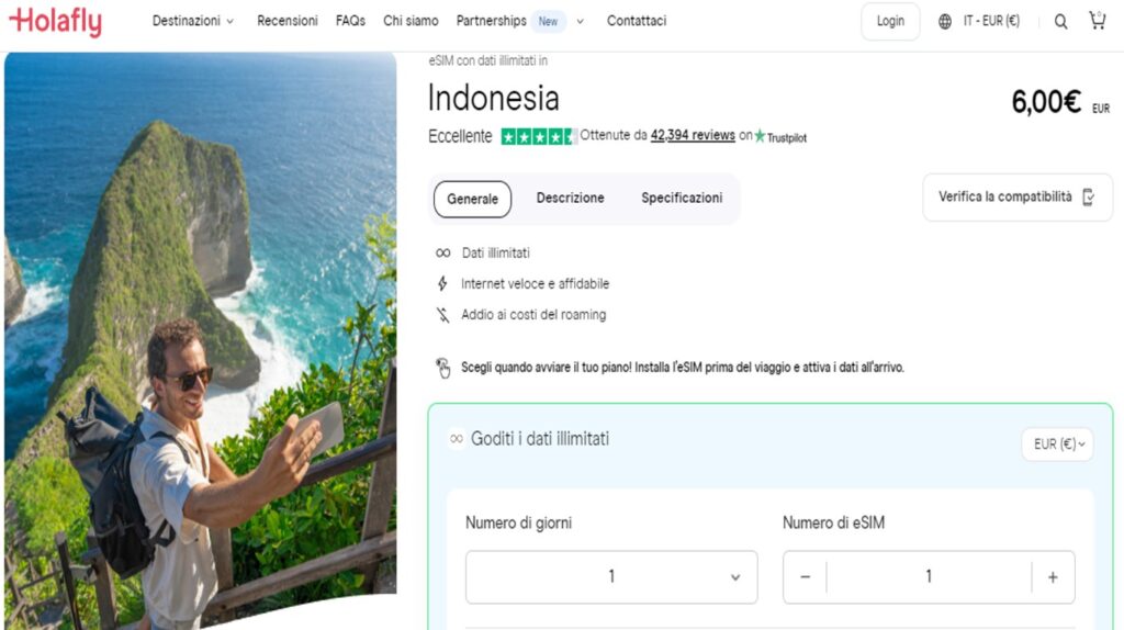 Schermata del prodotto Holafly eSIM Indonesia