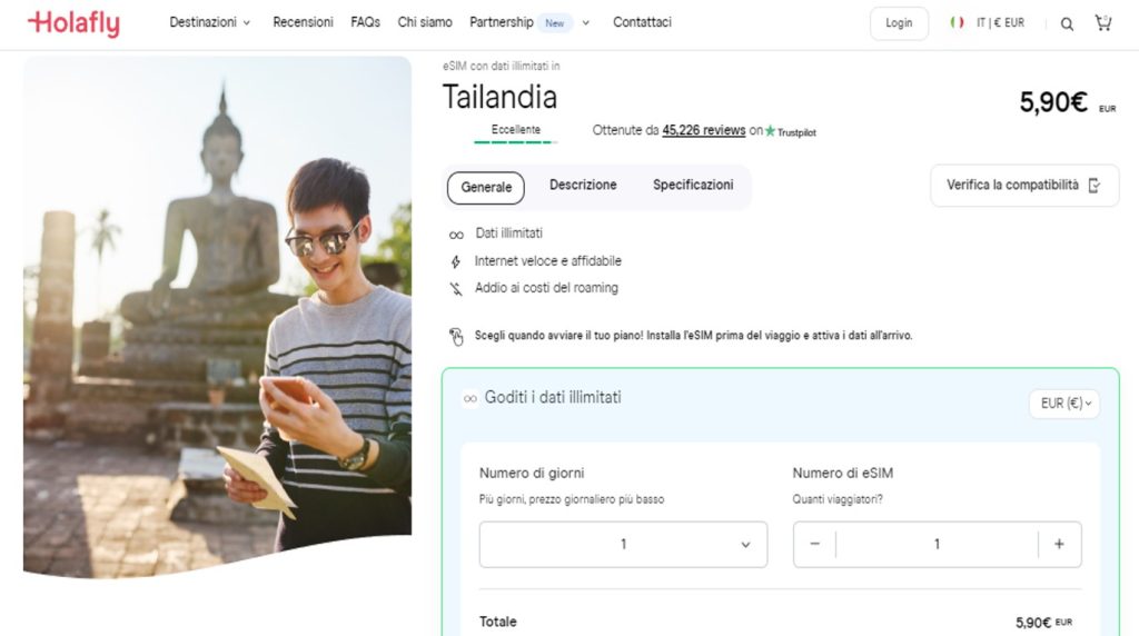 Schermata del prodotto eSIM Thailandia di Holafly