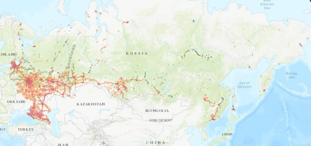 ロシアにおけるBEELINEの通信対応エリアマップ