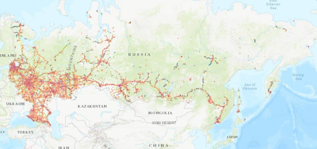 ロシアにおけるMegafonの通信対応エリアマップ