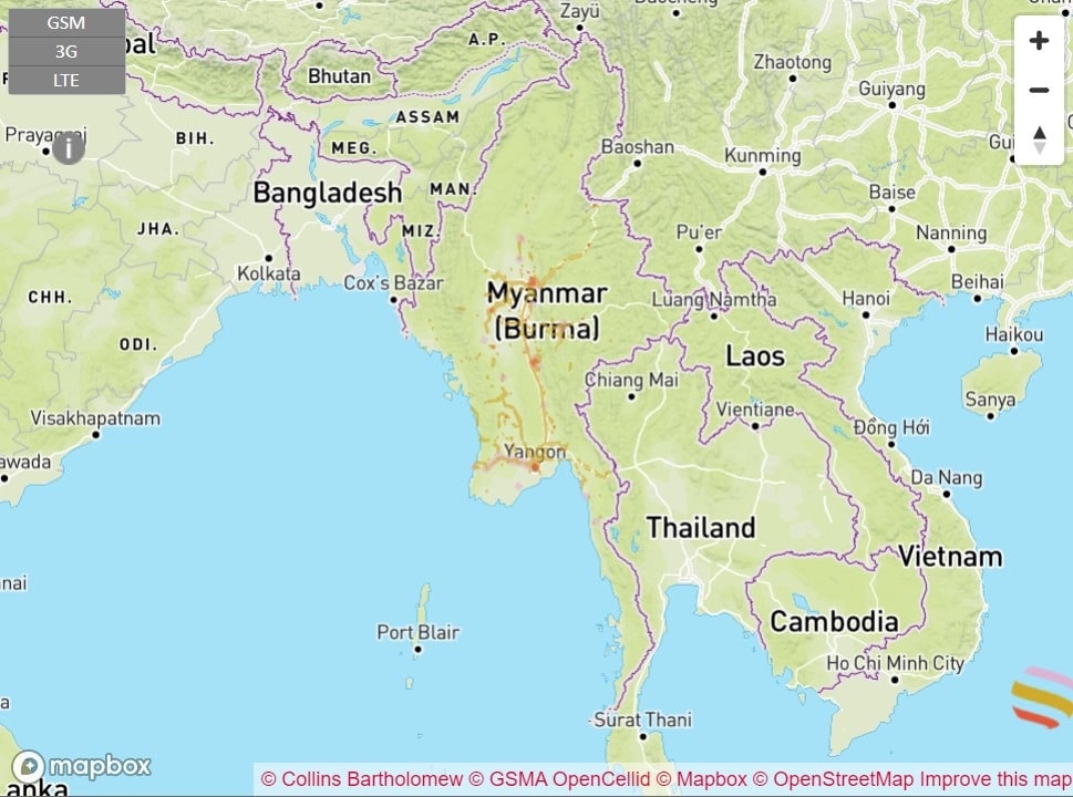 Ooredoo スマートフォン カバー 範囲 地図 ミャンマー