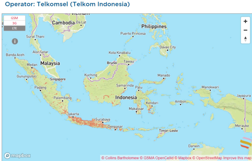 インドネシアにおけるTelkomsel（Telkom Indonesia）の通信エリアマップ。