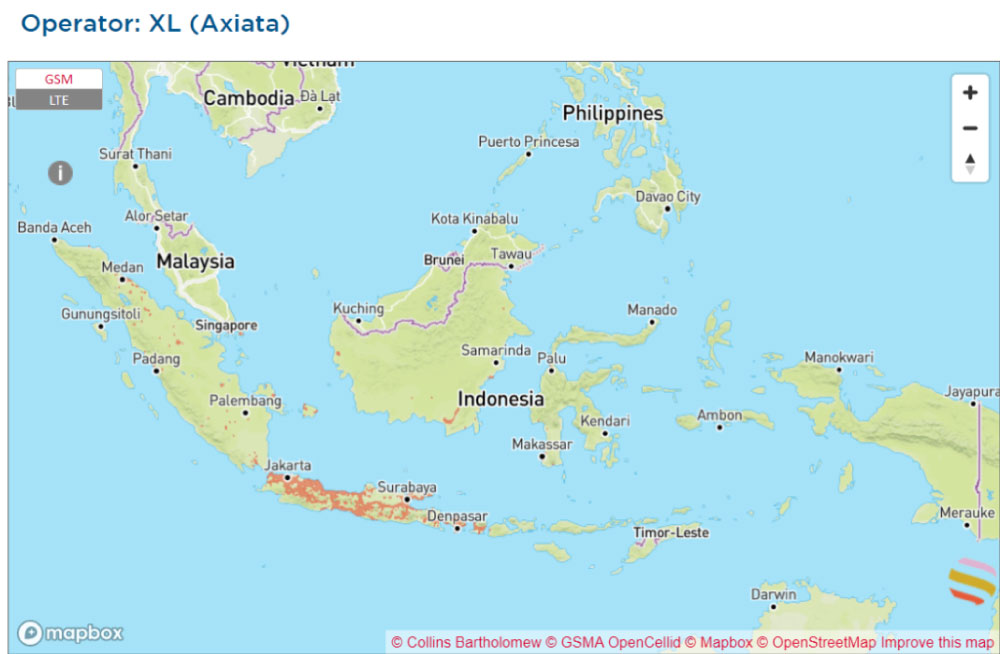 インドネシアにおけるXL（Axiata）の通信エリアマップ。