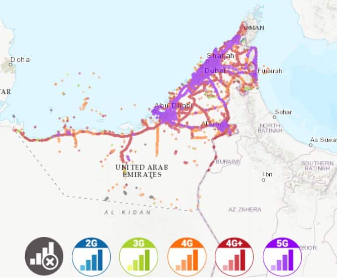 アラブ首長国におけるEtisalat Mobileの通信対応エリアマップ