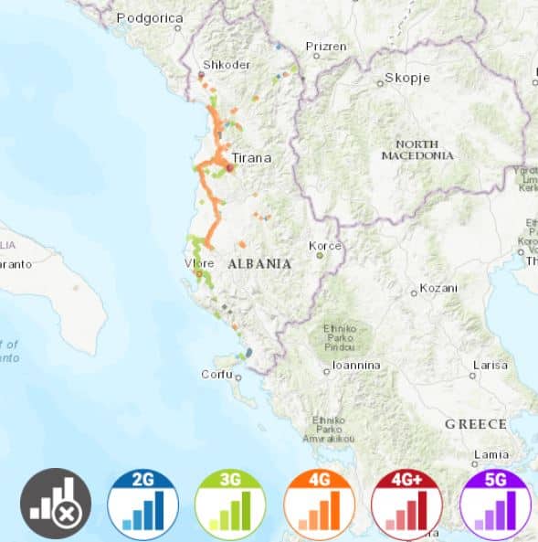 アルバニアにおけるALBの通信対応エリアマップ