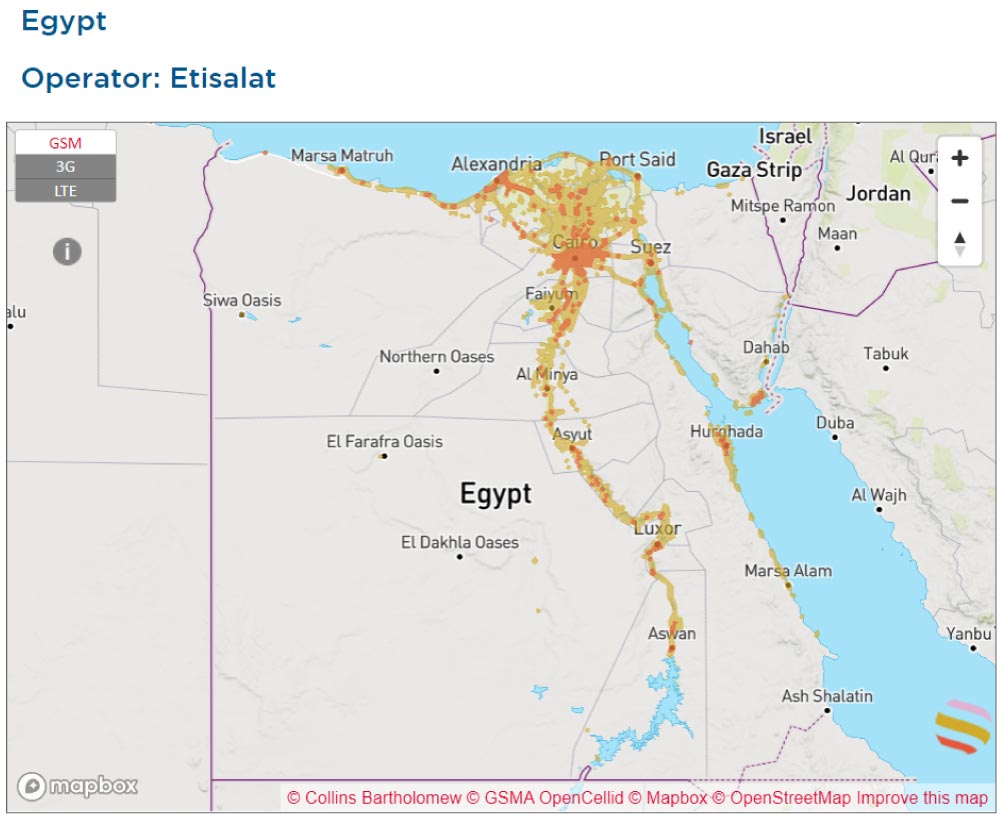エジプトにおけるEtisalatのモバイルネットワークカバレッジマップ。