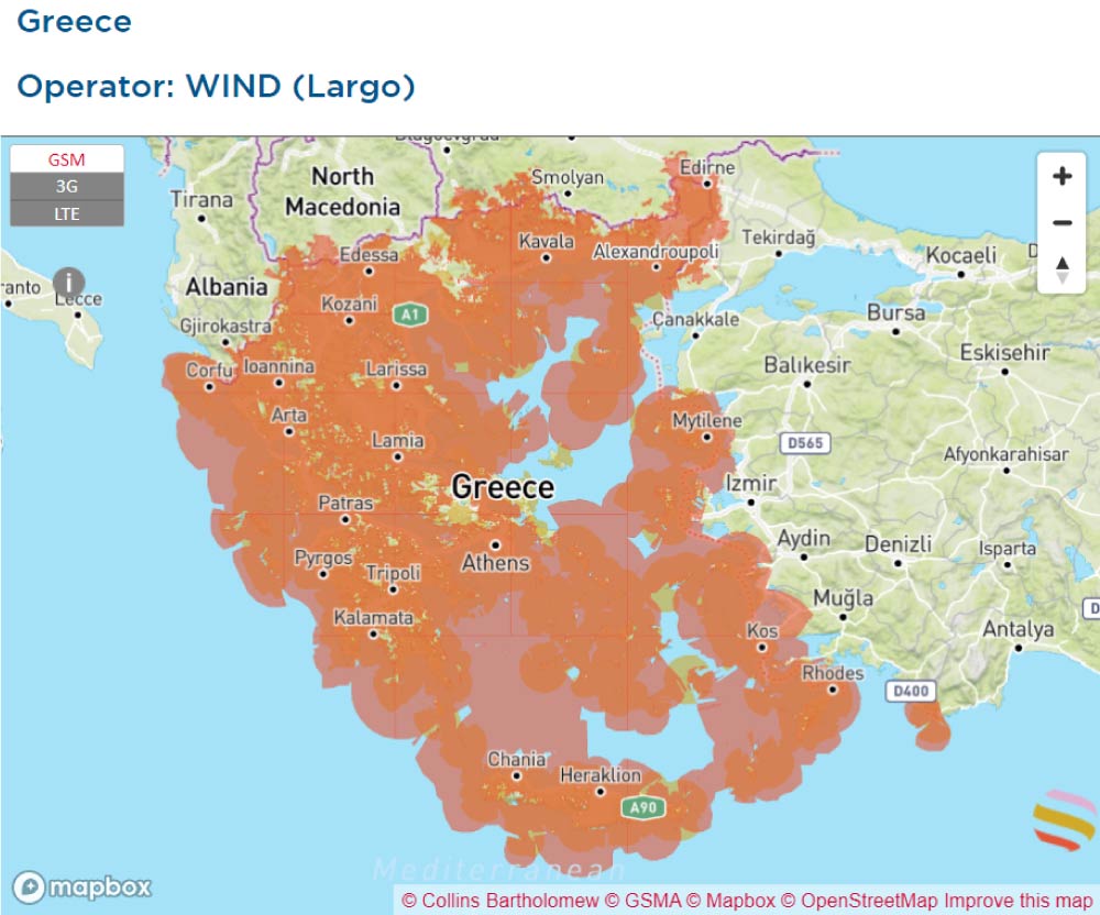 ギリシャにおけるWIND (Largo) のモバイルネットワークカバレッジマップ。