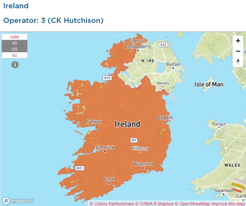 アイルランドにおける「3」(CK Hutchison) のモバイルネットワークカバレッジマップ。