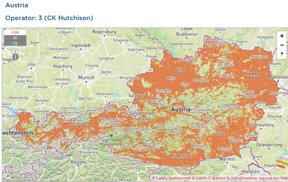 オーストリアの3 (CK Hutchison) のモバイル通信カバレッジを示す地図。GSM、3G、LTEエリアが色分けされて表示され、国内全体に広がっている。