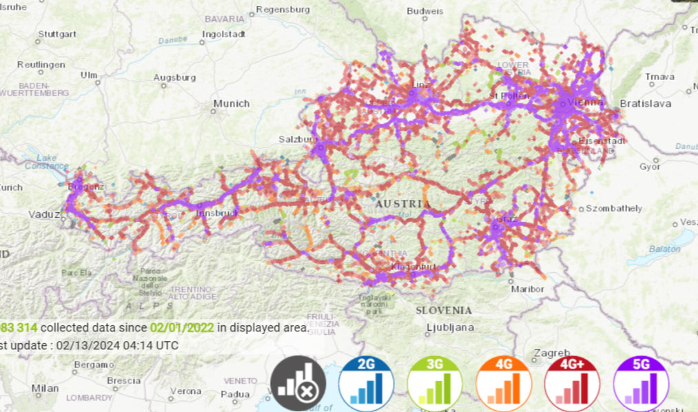 オーストリアのモバイル通信エリアを示す地図。2G、3G、4G、4G+、5Gのカバレッジが異なる色で表示され、主要都市や道路沿いに集中している。