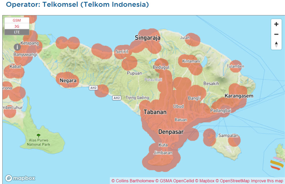 インドネシアのバリ島におけるTelkomsel（テレコムインドネシア）の通信エリアマップ。