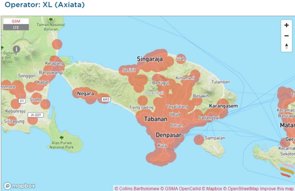 インドネシアのバリ島におけるXL（Axiata）の通信エリアマップ。