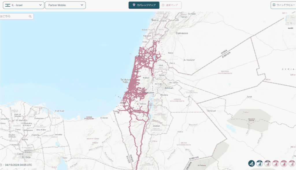 イスラエルのPartner Mobileの通信エリアマップ。2G、3G、4G、5Gのカバレッジ。