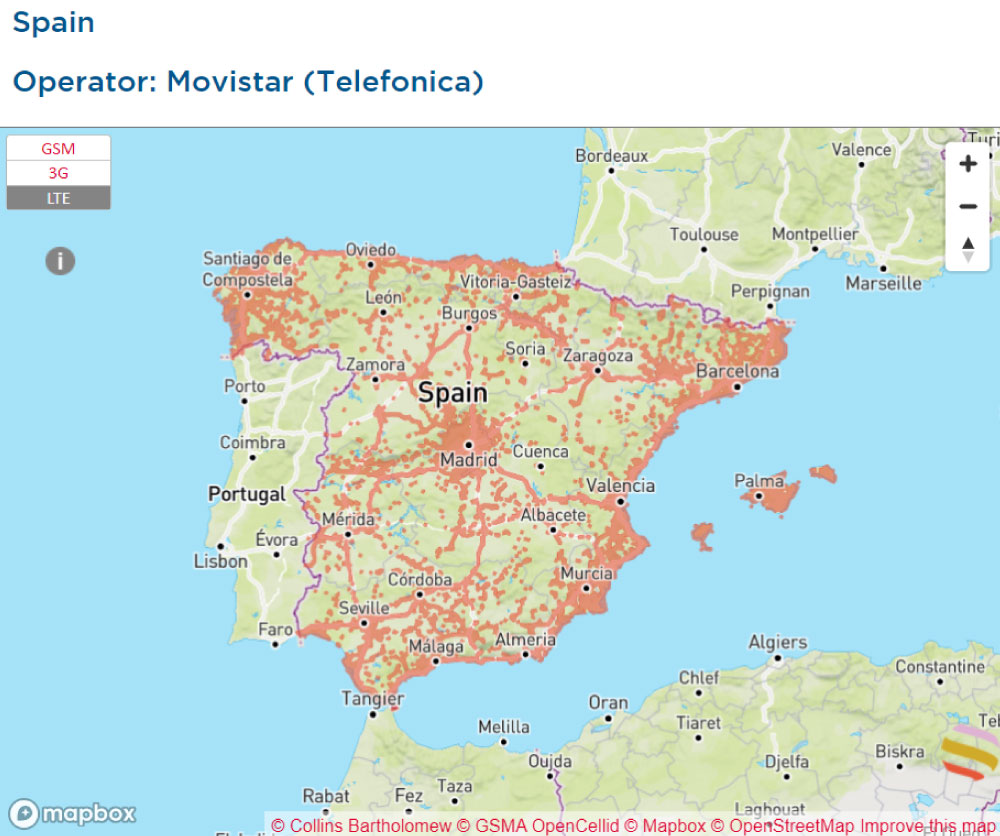 スペインのMovistar (Telefonica) 通信エリアカバレッジマップ。GSM、3G、LTEのカバレッジが示されている。