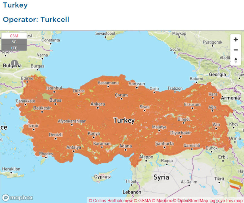 トルコのTurkcell通信エリアを示す小型の地図。