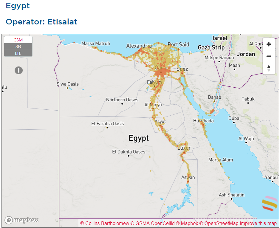 エジプト　Etisalat　通信エリア　地図　オラフライeSIM