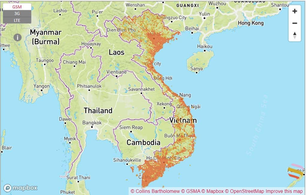 Vinaphone　ベトナム　サービスエリア　地図　通信速度　LTE