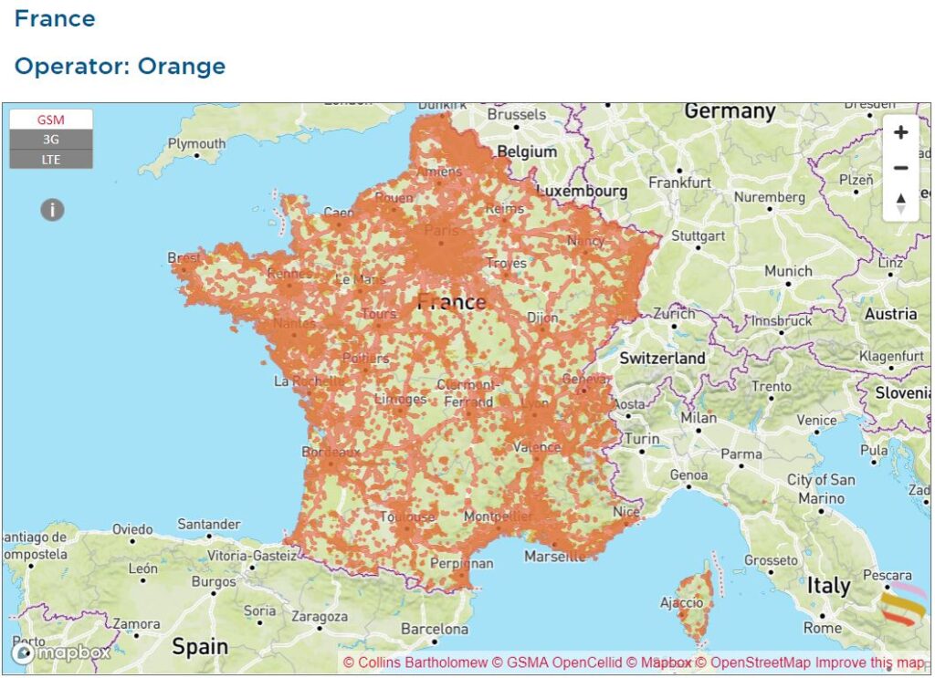 esim ヨーロッパ周遊　フランス　Orange　通信エリア
