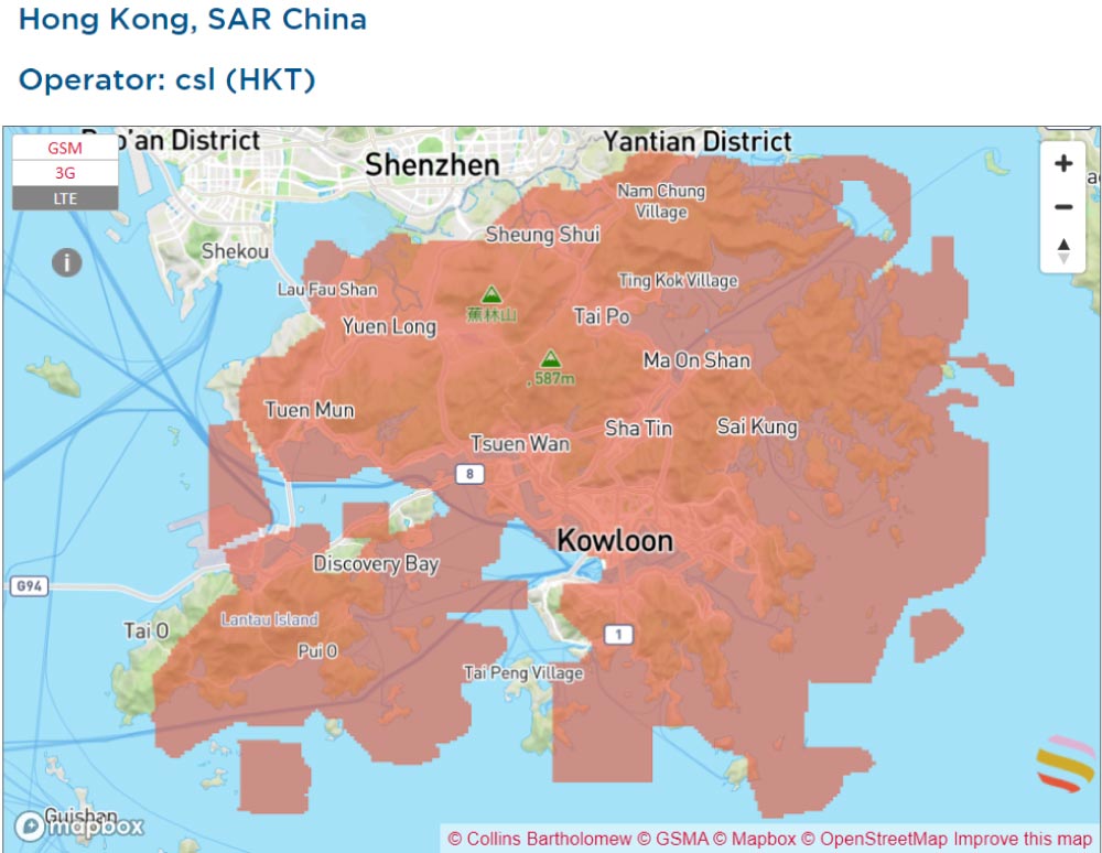 香港におけるcsl (HKT) のモバイルネットワークカバレッジマップ。