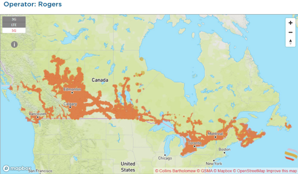 カナダのRogersの通信エリアマップ。3G、LTE、5Gのカバレッジ。