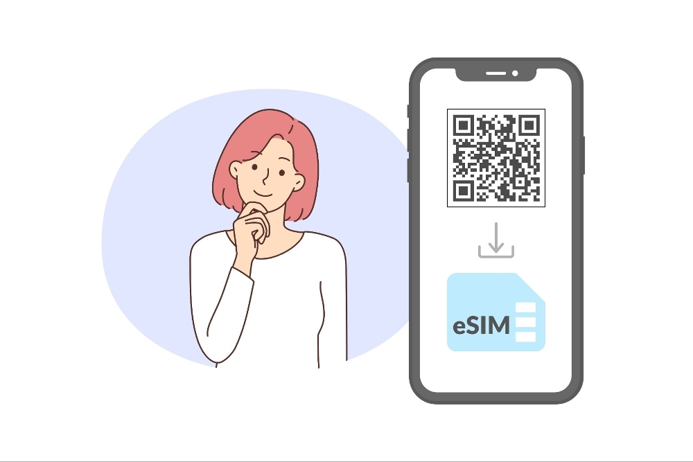 イラスト　eSIMとは　qrコードでインストール　スマホ