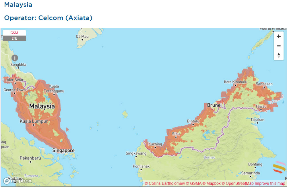 マレーシアにおけるCelcom（Axiata）の通信エリアマップ。