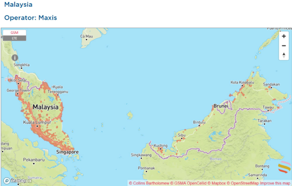 マレーシアにおけるMaxisの通信エリアマップ。