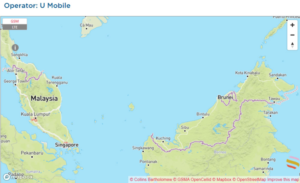 マレーシアにおけるU Mobileの通信エリアマップ。
