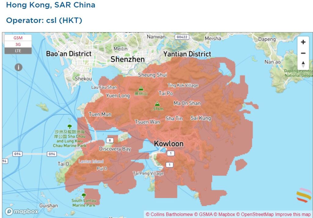 香港　HKT　キャリア　LTE回線　通信エリアの地図　
