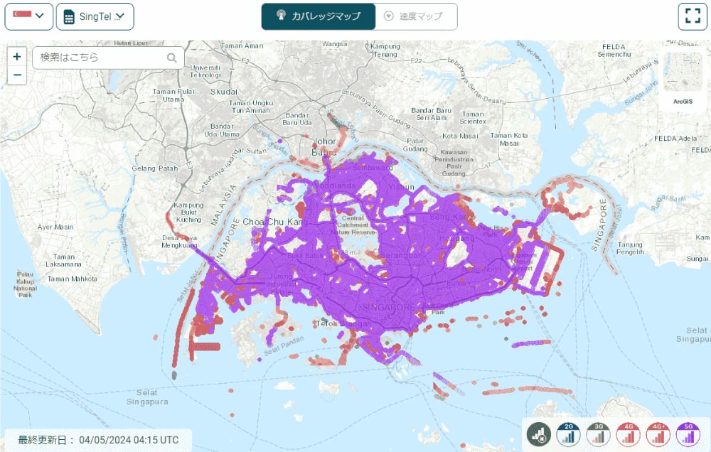 シンガポールの通信エリアカバレッジマップ。Singtelの4Gと5Gのエリアが示されています。