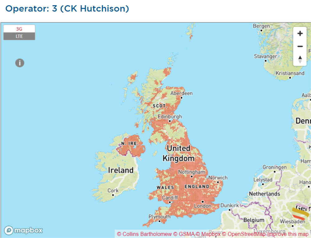 イギリスおよびアイルランドにおける「3」(CK Hutchison)のモバイルネットワークカバレッジマップ。