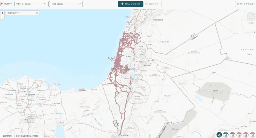 イスラエルのHOT Mobileの通信エリアマップ。2G、3G、4G、5Gのカバレッジ。