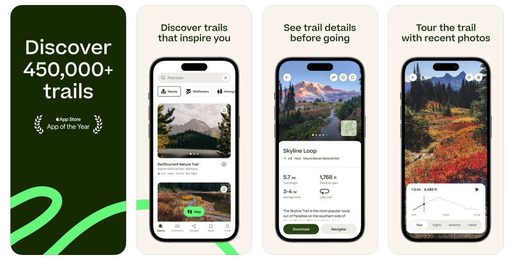 トレイル情報アプリのスクリーンショット。450,000以上のトレイルの発見、トレイルの詳細確認、最近の写真を見ながらトレイルツアーができる機能が表示されている