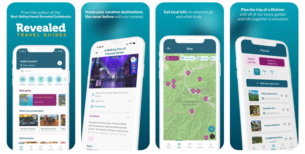 Revealed Travel Guidesアプリのスクリーンショット。旅行先のレビュー、地図、現地情報、旅行プランナー機能が表示されている