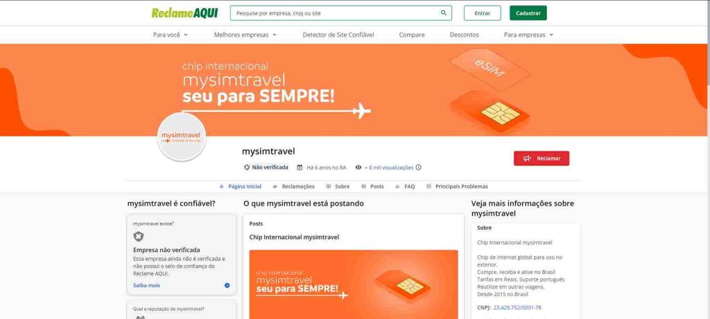 A página da Mysimtravel no site Reclame Aqui não tem nota de avaliação.