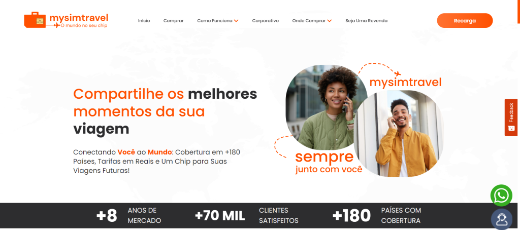 A página da home da Mysimtravel oferece informações preliminares dos seus serviços.