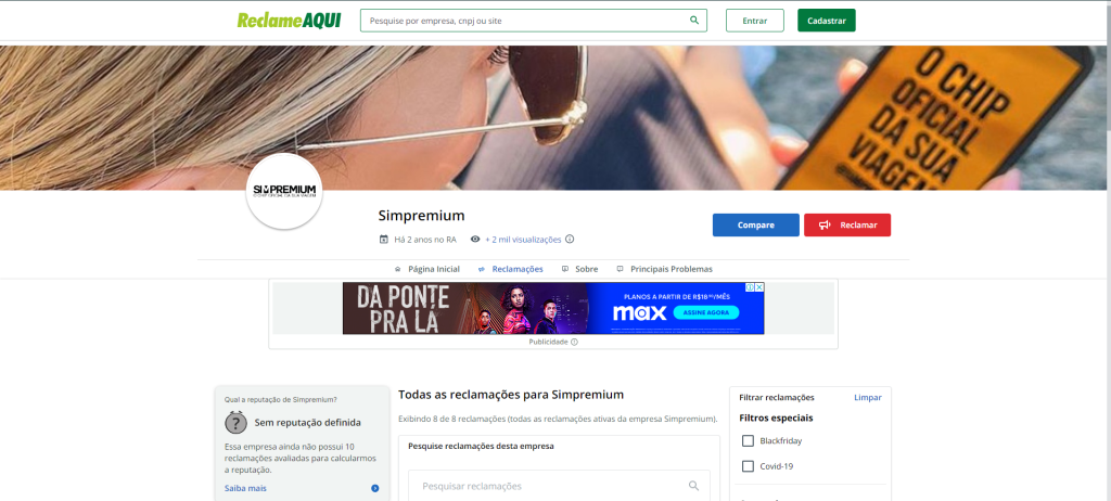 Perfil da SIMPremium no Reclame Aqui com avaliações dos seus clientes.