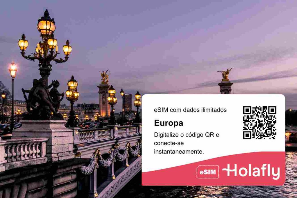 uma foto de uma ponte em Paris, França, com um QR Code de compra