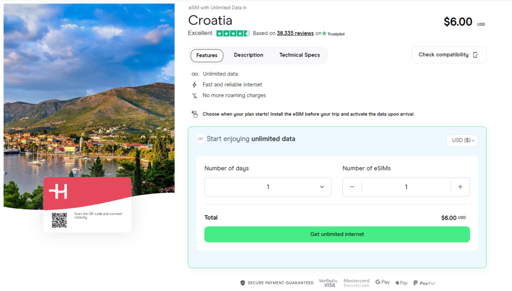 Unlimited data eSIM for Croatia