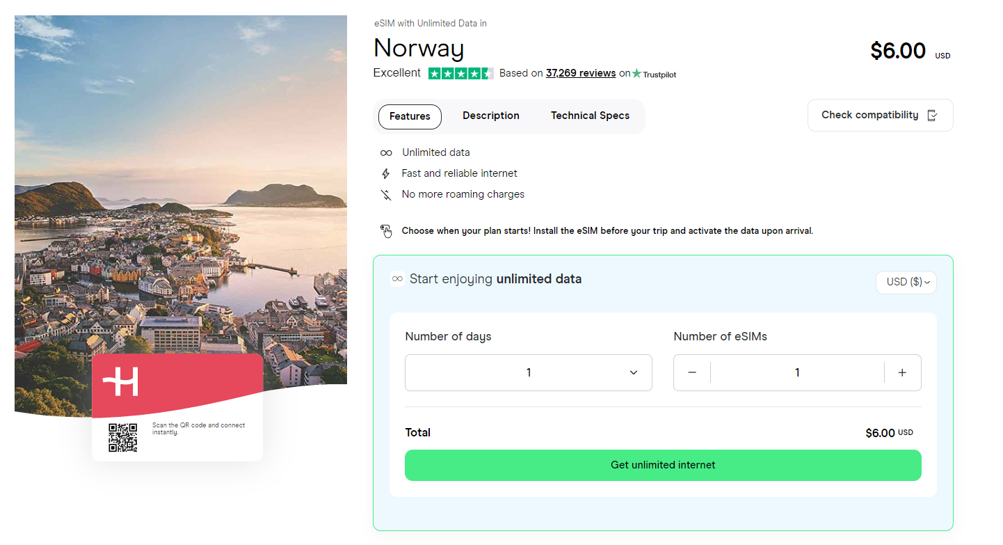 Unlimited data eSIM for Norway