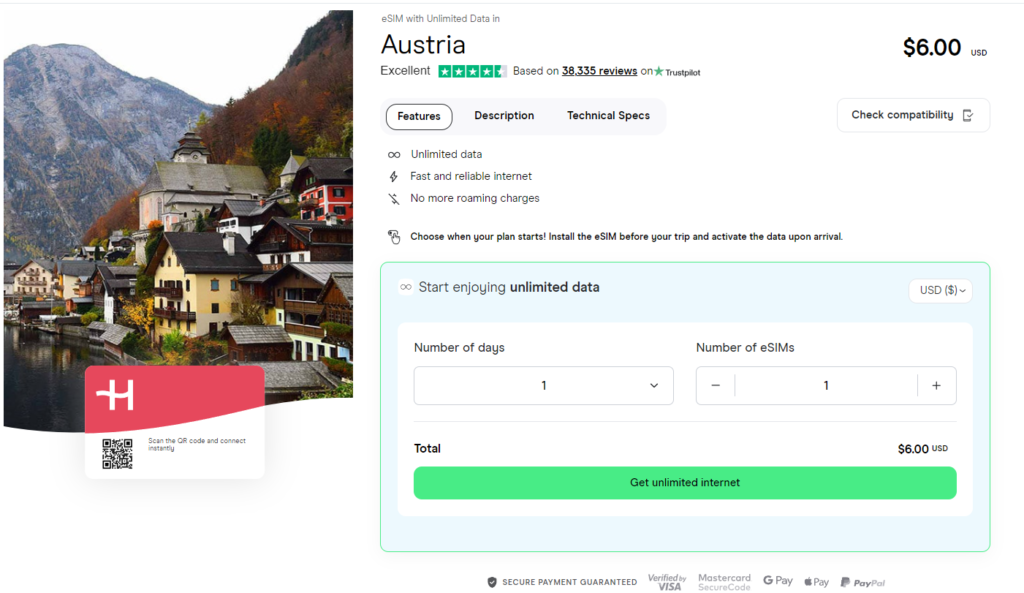 Unlimited data eSIM for Austria