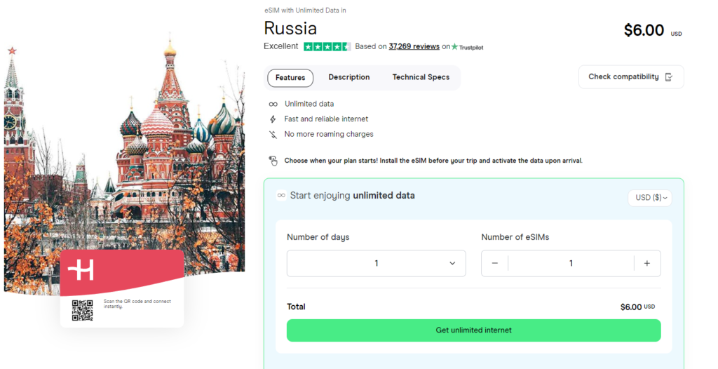 Unlimited data eSIM for Russia